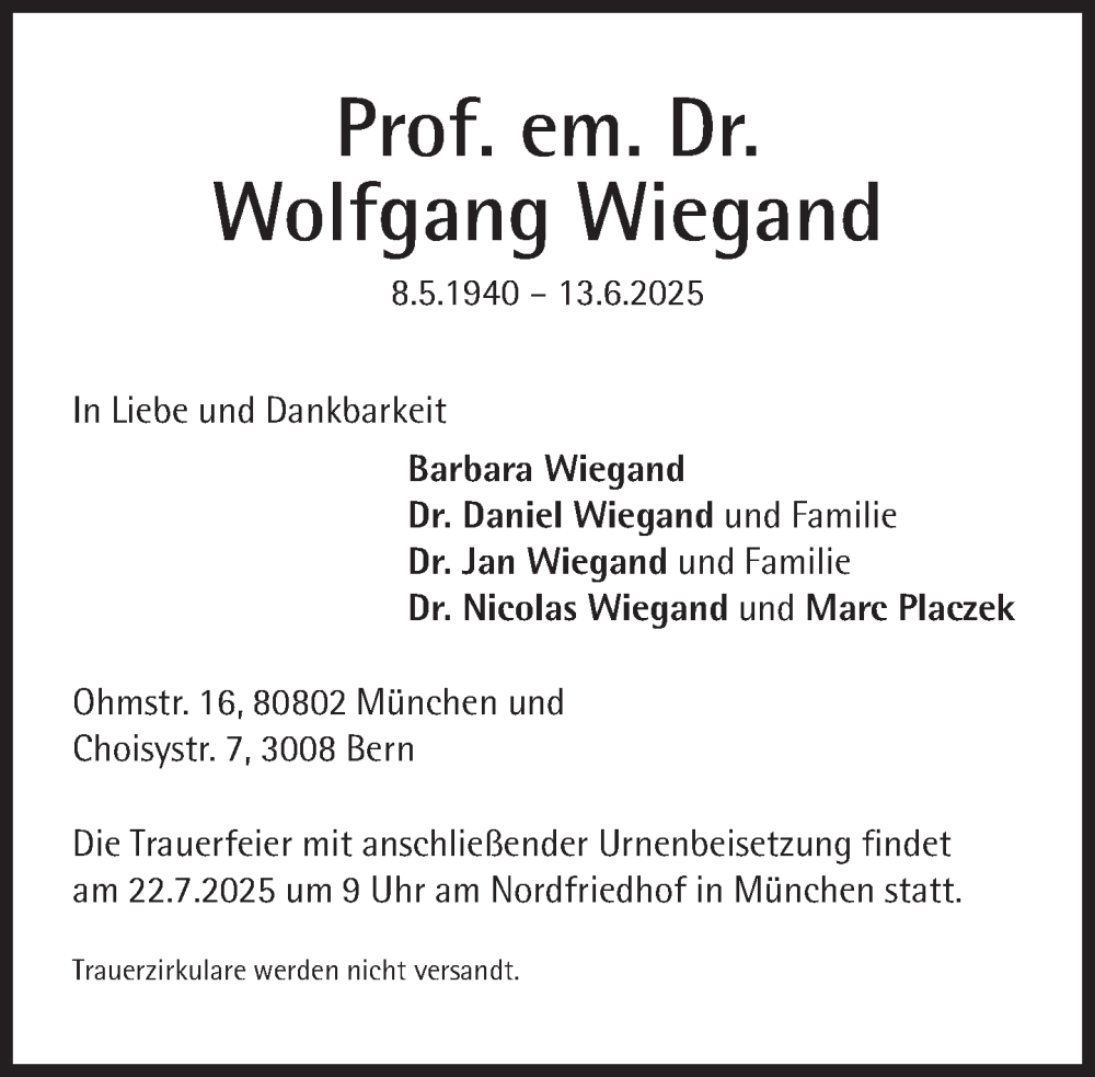  Traueranzeige für Wolfgang Wiegand vom 28.06.2025 aus Süddeutsche Zeitung