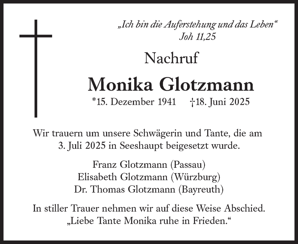  Traueranzeige für Monika Glotzmann vom 02.08.2025 aus Süddeutsche Zeitung