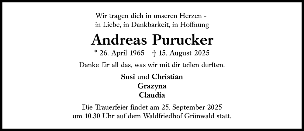  Traueranzeige für Andreas Purucker vom 23.08.2025 aus Süddeutsche Zeitung