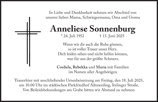Traueranzeige von Anneliese Sonnenburg von Süddeutsche Zeitung