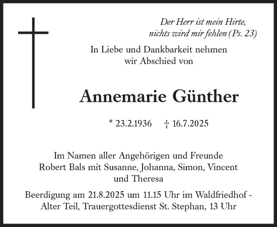 Traueranzeige von Annemarie Günther von Süddeutsche Zeitung