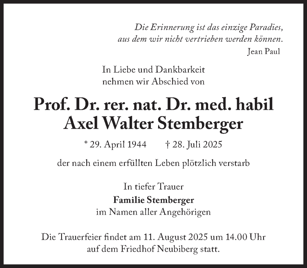  Traueranzeige für Axel Walter Stemberger vom 09.08.2025 aus Süddeutsche Zeitung