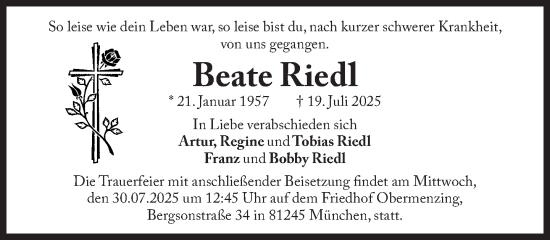 Traueranzeige von Beate Riedl von Süddeutsche Zeitung