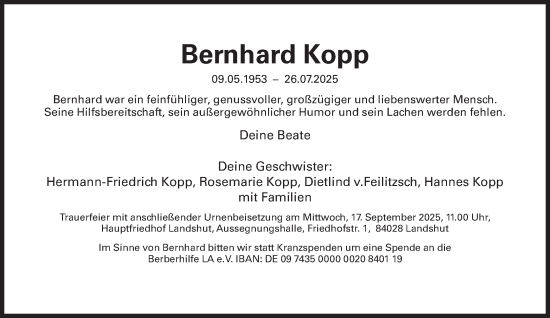 Traueranzeige von Bernhard Kopp von Süddeutsche Zeitung