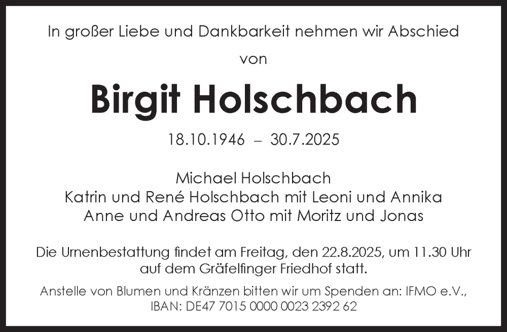  Traueranzeige für Birgit Holschbach vom 09.08.2025 aus Süddeutsche Zeitung