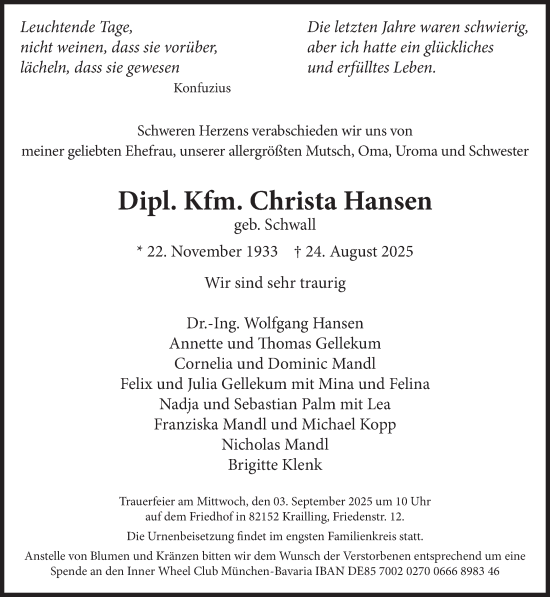Traueranzeige von Christa Hansen von Süddeutsche Zeitung
