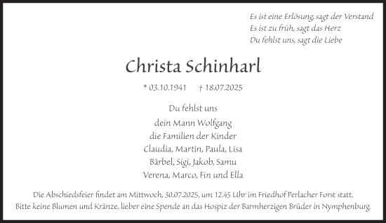 Traueranzeige von Christa Schinharl von Süddeutsche Zeitung
