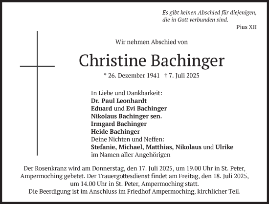 Traueranzeige von Christine Bachinger von Süddeutsche Zeitung