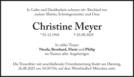 Traueranzeige von Christine Meyer von Süddeutsche Zeitung
