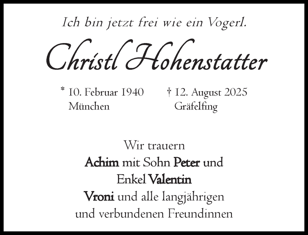 Traueranzeige für Christl Hohenstatter vom 16.08.2025 aus Süddeutsche Zeitung
