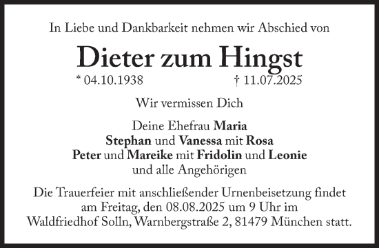 Traueranzeige von Dieter zum Hingst von Süddeutsche Zeitung