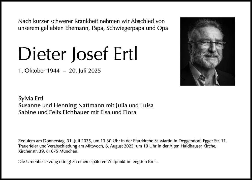  Traueranzeige für Dieter Josef Ertl vom 26.07.2025 aus Süddeutsche Zeitung