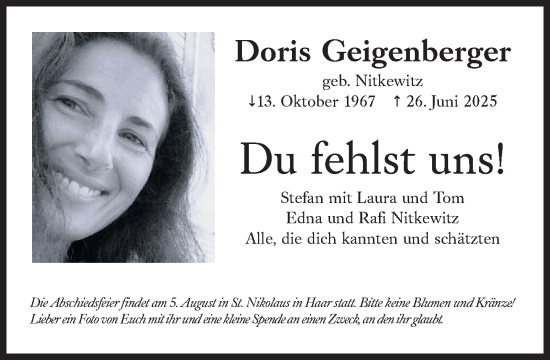 Traueranzeige von Doris Geigenberger von Süddeutsche Zeitung