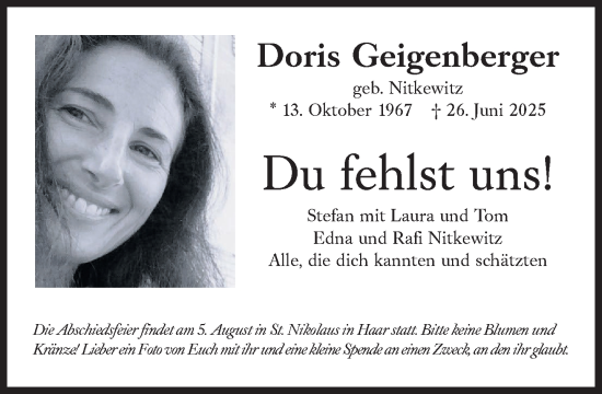Traueranzeige von Doris Geigenberger von Süddeutsche Zeitung