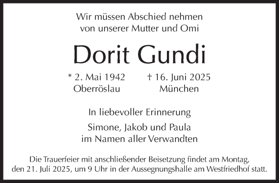 Traueranzeige von Dorit Gundi von Süddeutsche Zeitung