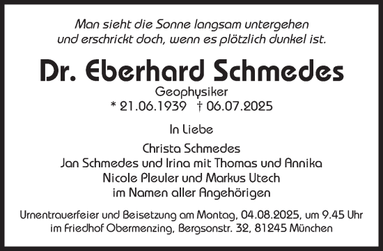 Traueranzeige von Eberhard Schmedes von Süddeutsche Zeitung