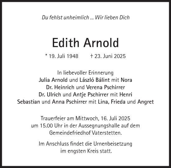Traueranzeige von Edith Arnold von Süddeutsche Zeitung