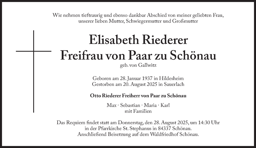  Traueranzeige für Elisabeth Riederer Freifrau von Paar zu Schönau vom 23.08.2025 aus Süddeutsche Zeitung