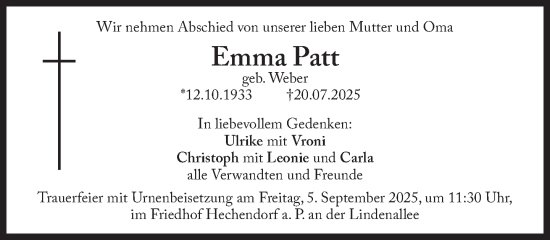 Traueranzeige von Emma Patt von Süddeutsche Zeitung