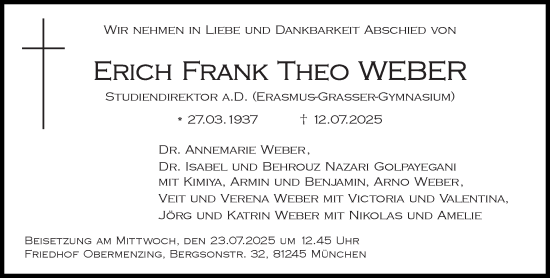 Traueranzeige von Erich Frank Theo Weber von Süddeutsche Zeitung