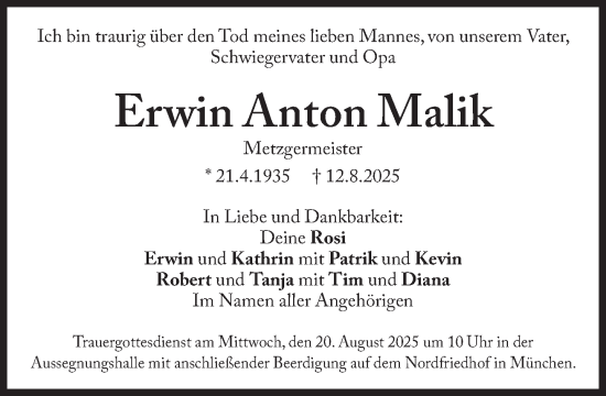 Traueranzeige von Erwin Anton Malik von Süddeutsche Zeitung