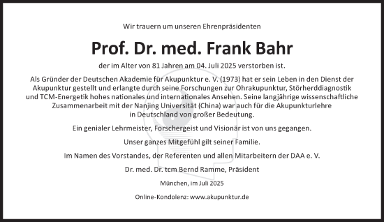 Traueranzeige von Frank Bahr von Süddeutsche Zeitung