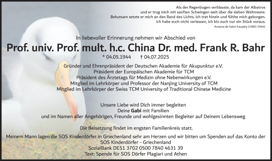 Traueranzeige von Frank Bahr von Süddeutsche Zeitung