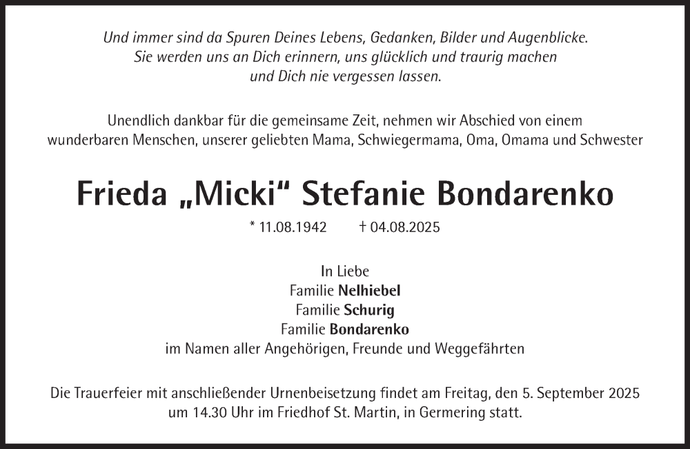  Traueranzeige für Frieda Stefanie Bondarenko vom 23.08.2025 aus Süddeutsche Zeitung