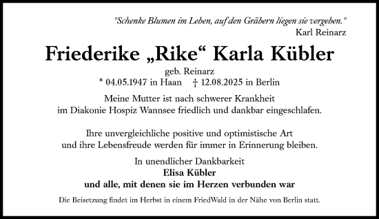 Traueranzeige von Friederike Karla Kübler von Süddeutsche Zeitung