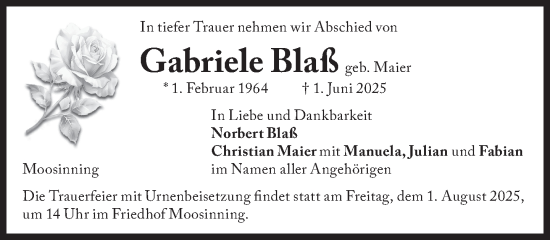 Traueranzeige von Gabriele Blaß von Süddeutsche Zeitung