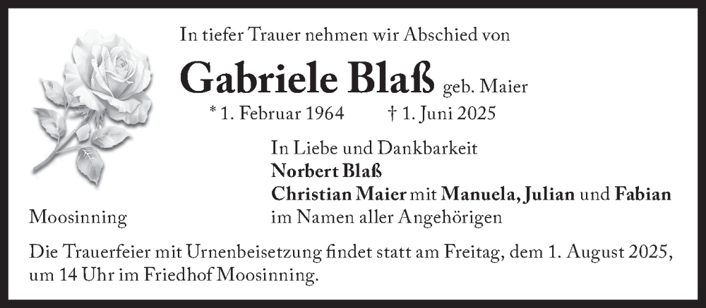  Traueranzeige für Gabriele Blaß vom 26.07.2025 aus Süddeutsche Zeitung