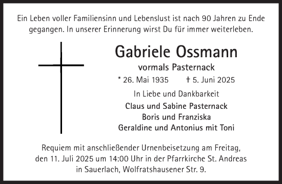 Traueranzeige von Gabriele Ossmann von Süddeutsche Zeitung