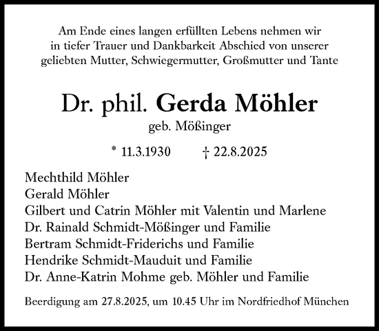 Traueranzeige von Gerda Möhler von Süddeutsche Zeitung