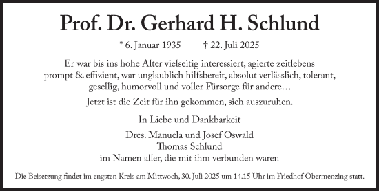 Traueranzeige von Gerhard Schlund von Süddeutsche Zeitung
