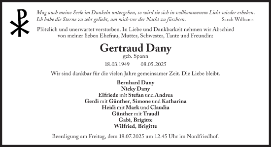 Traueranzeige von Gertraud Dany von Süddeutsche Zeitung