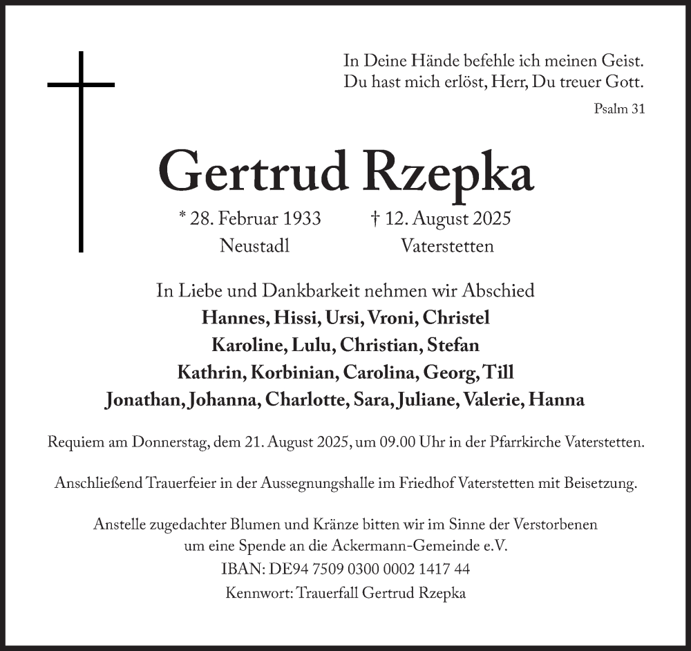  Traueranzeige für Gertrud Rzepka vom 18.08.2025 aus Süddeutsche Zeitung