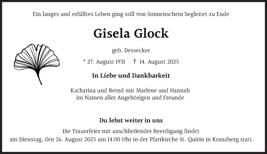 Traueranzeige von Gisela Glock von Süddeutsche Zeitung
