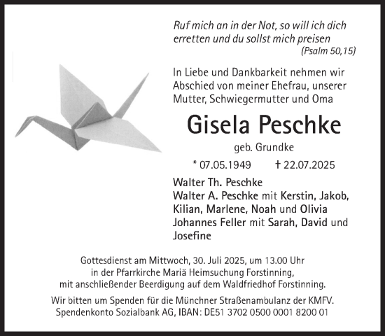 Traueranzeige von Gisela Peschke von Süddeutsche Zeitung