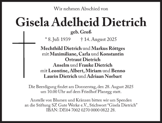 Traueranzeige von Gisela Adelheid Dietrich von Süddeutsche Zeitung