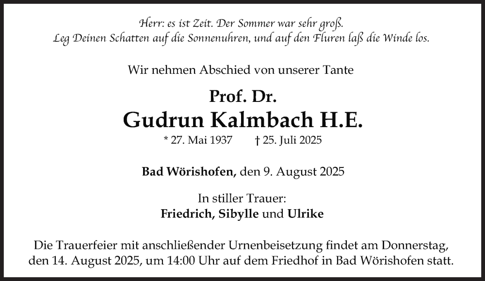  Traueranzeige für Gudrun Kalmbach vom 09.08.2025 aus Süddeutsche Zeitung