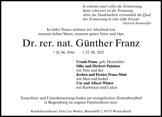 Traueranzeige von Günther Franz von Süddeutsche Zeitung