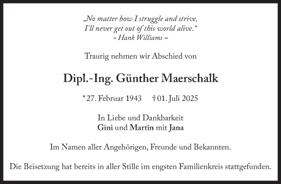 Traueranzeige von Günther Maerschalk von Süddeutsche Zeitung