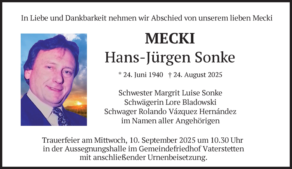  Traueranzeige für Hans-Jürgen Sonke vom 30.08.2025 aus Süddeutsche Zeitung