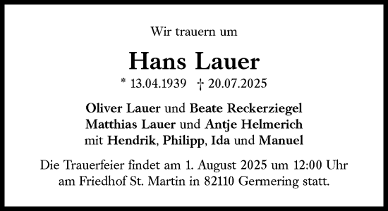 Traueranzeige von Hans Lauer von Süddeutsche Zeitung