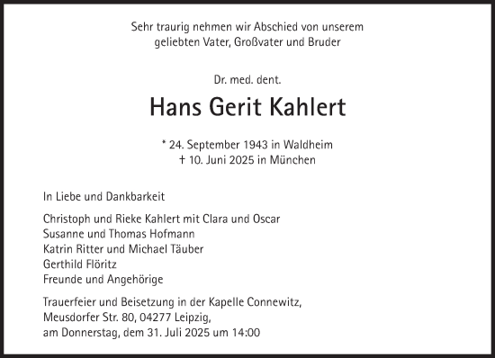 Traueranzeige von Hans Gerit Kahlert von Süddeutsche Zeitung