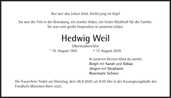 Traueranzeige von Hedwig Weil von Süddeutsche Zeitung