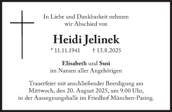 Traueranzeige von Heidi Jelinek von Süddeutsche Zeitung