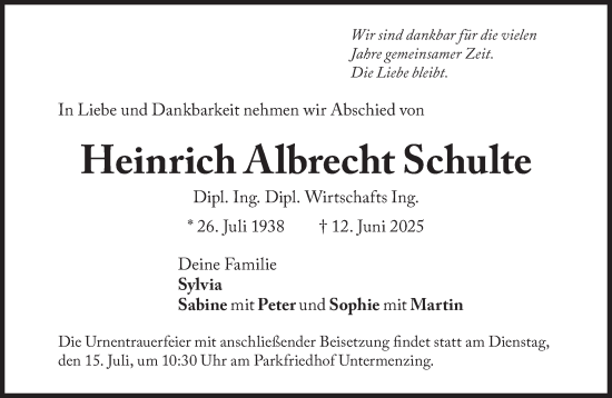 Traueranzeige von Heinrich Albrecht Schulte von Süddeutsche Zeitung
