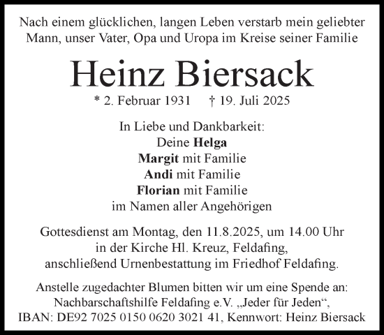 Traueranzeige von Heinz Biersack von Süddeutsche Zeitung