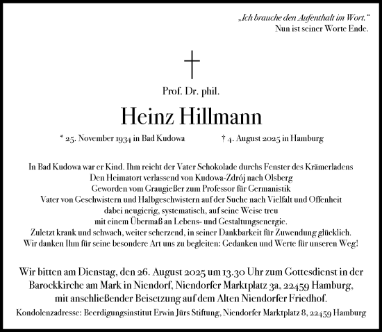 Traueranzeige von Heinz Hillmann von Süddeutsche Zeitung